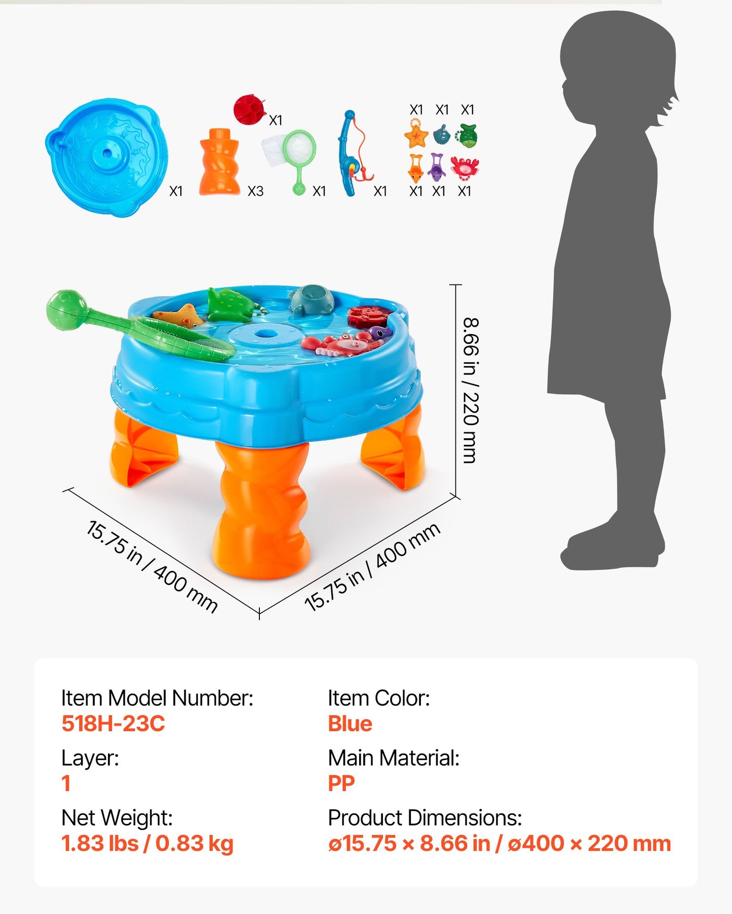 Vattenbord för småbarn, sensoriskt aktivitetsbord för barn, lekset med fisk och plask och 9 delar, sommarvattenaktivitetsbord med fiskespel för pojkar och flickor från 3 år