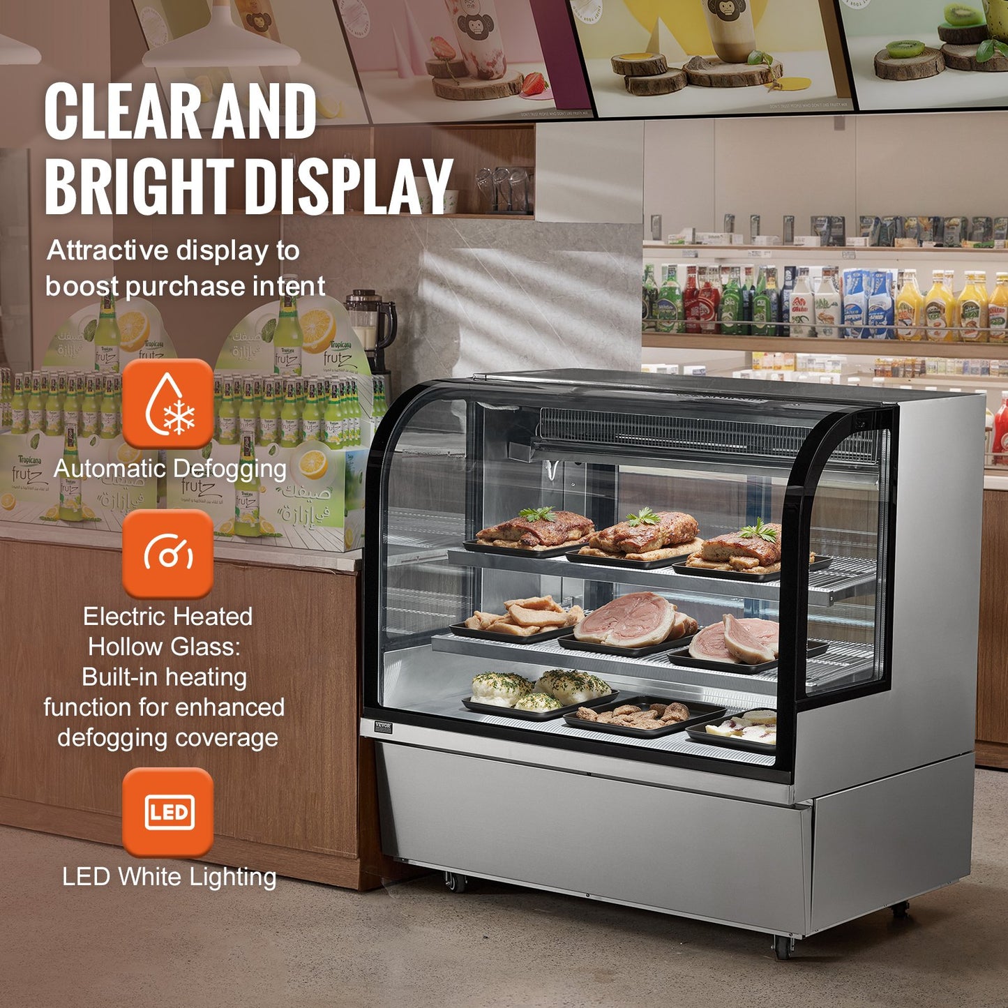 Refrigerated Display Case, 18 Cu.Ft./505L Large Pastry Display Case, 2-Tier Commercial Display Refrigerator with LED Lighting, Downdraft Cooling, Movable with Casters, for Bakery