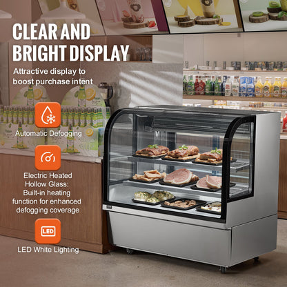 Refrigerated Display Case, 18 Cu.Ft./505L Large Pastry Display Case, 2-Tier Commercial Display Refrigerator with LED Lighting, Downdraft Cooling, Movable with Casters, for Bakery