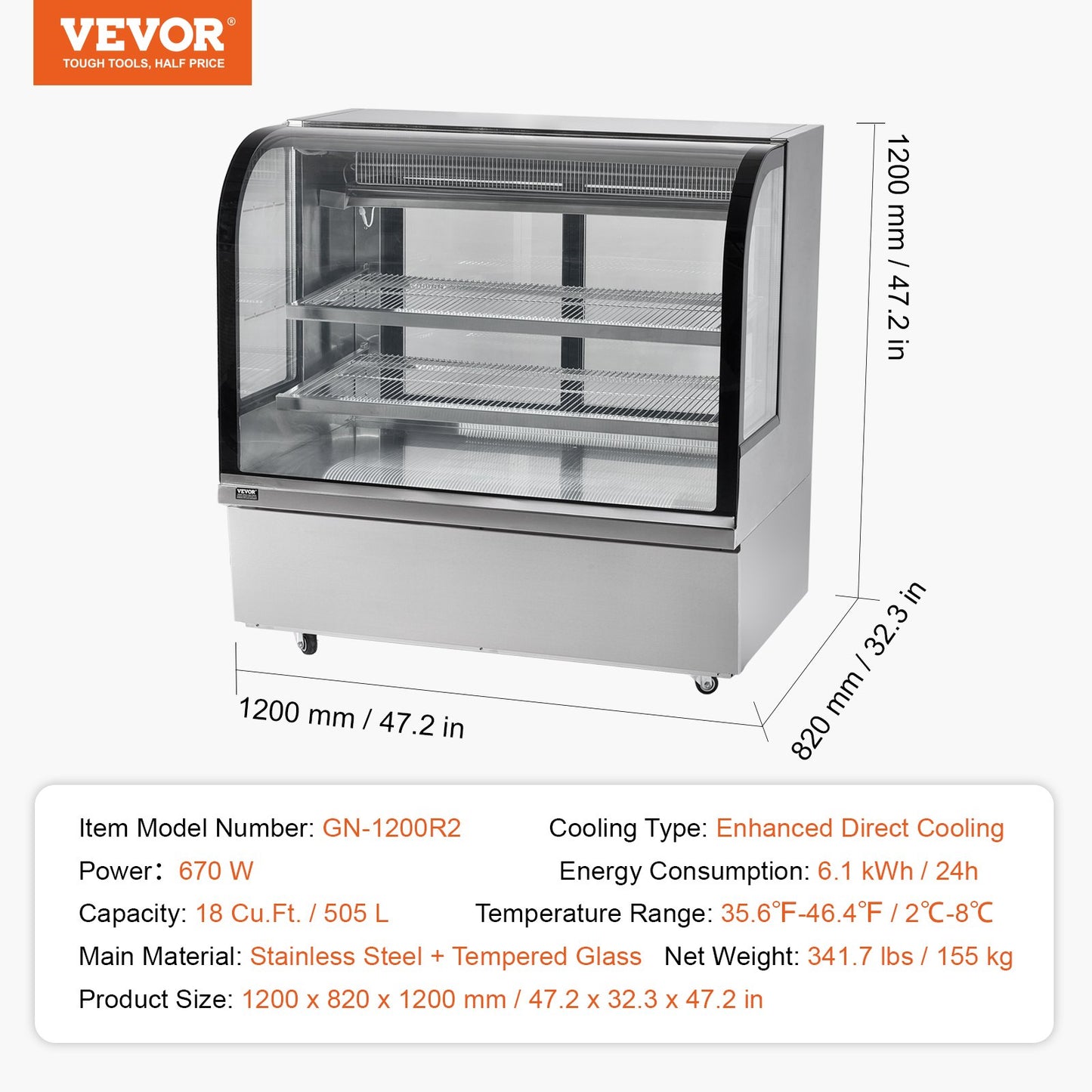 Refrigerated Display Case, 18 Cu.Ft./505L Large Pastry Display Case, 2-Tier Commercial Display Refrigerator with LED Lighting, Downdraft Cooling, Movable with Casters, for Bakery