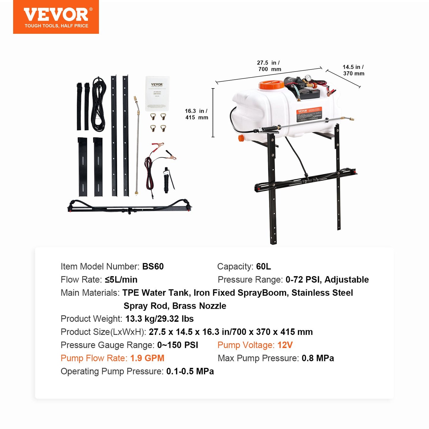 ATV-punktspruta, 60 l ATV/UTV-spridare med munstycke, 12 V pumpad ogrässpruta med vattentank, flödeshastighet på 1,9 GPM, justerbar 0-72 PSI, 20 fots slang, vit