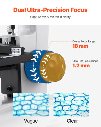 Kikarmikroskop för vuxna, professionellt sammansatt mikroskopkit med 40-2000X förstoring, aluminiumlegeringshus, inkluderar LED-lampa och telefonhållare, för labb, skola, hem, utbildning