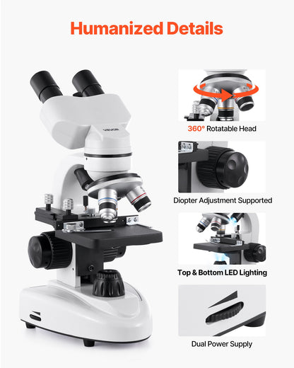 Kikarmikroskop för vuxna, professionellt sammansatt mikroskopkit med 40-2000X förstoring, aluminiumlegeringshus, inkluderar LED-lampa och telefonhållare, för labb, skola, hem, utbildning