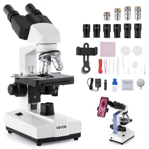 Binocular Microscope for Adult, Professional Compound Microscope Kit with 40-5000X Magnification, Dual Stage and Two Sets of Eyepieces, Aluminum Alloy Body, Includes LED Light and Phone Holder