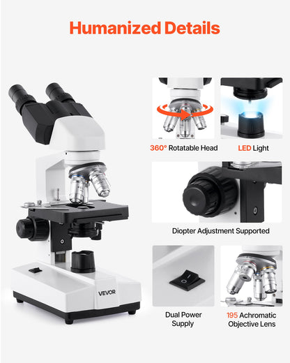 Kikarmikroskop för vuxna, professionellt sammansatt mikroskopkit med 40-5000X förstoring, dubbelsteg och två uppsättningar okular, hus i aluminiumlegering, inkluderar LED-lampa och telefonhållare