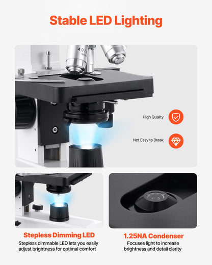 Kikarmikroskop för vuxna, professionellt sammansatt mikroskopkit med 40-5000X förstoring, dubbelsteg och två uppsättningar okular, hus i aluminiumlegering, inkluderar LED-lampa och telefonhållare