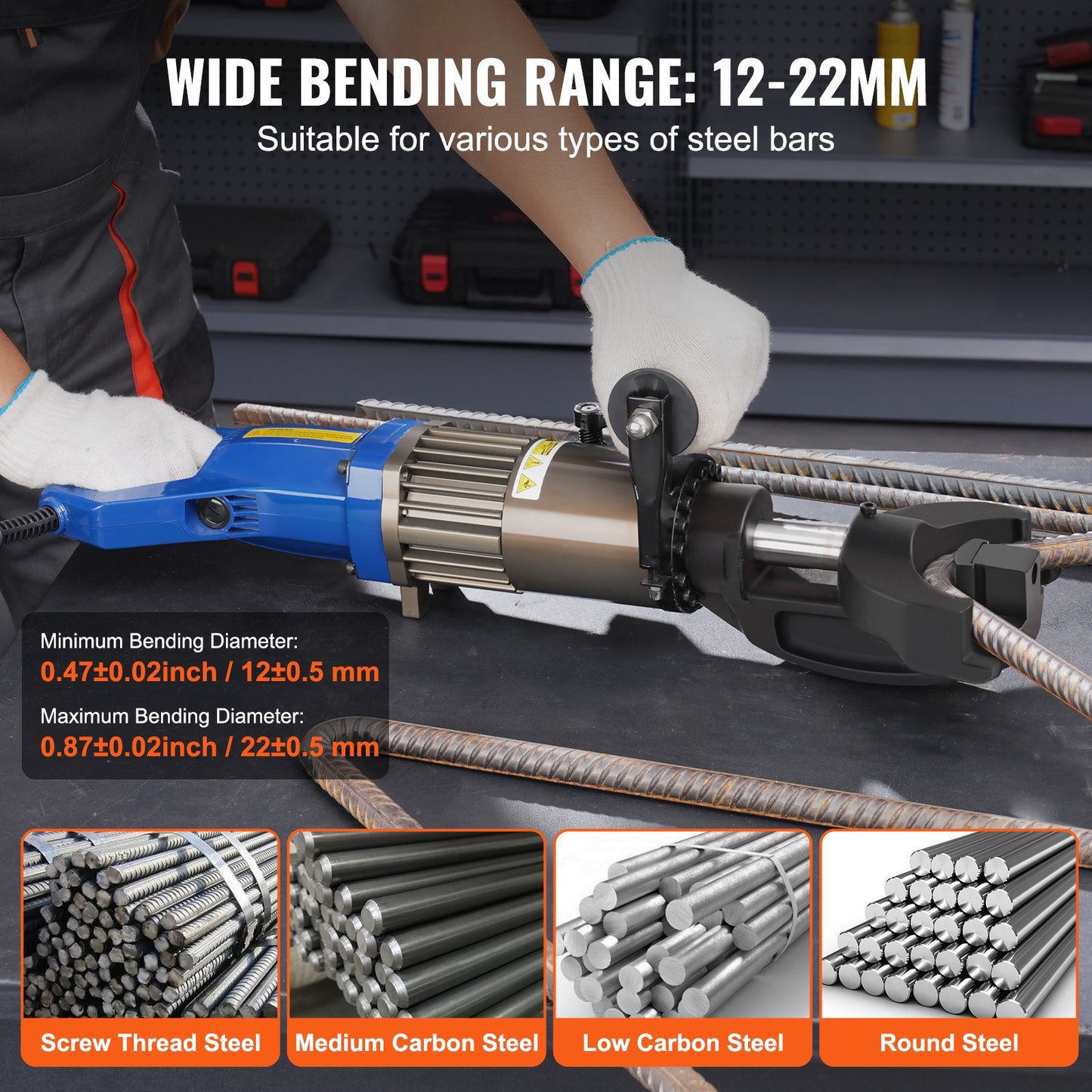 Electric Hydraulic Rebar Bender, 1500W Portable Rebar Bending Machine, Bending up to 7/8 Inch #7 (12-22mm) Rebar within 4 Seconds, High Power Steel Rebar Bender w/ Tool Case Oil Can,Black Blue NRB-22