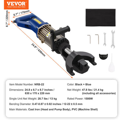 Electric Hydraulic Rebar Bender, 1500W Portable Rebar Bending Machine, Bending up to 7/8 Inch #7 (12-22mm) Rebar within 4 Seconds, High Power Steel Rebar Bender w/ Tool Case Oil Can,Black Blue NRB-22