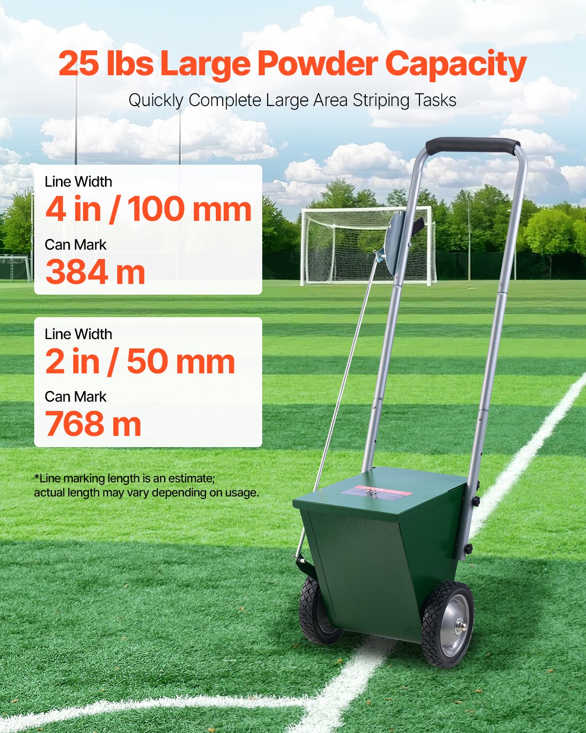 Dry Line Marker, 2-Wheel, 2 or 4 in Lines, Field Dry Line Chalker, Adjustable Line Marker, with Rubber Adjustment Handle, 25 lbs Large Powder Capacity, for Baseball and Softball Infield, Green