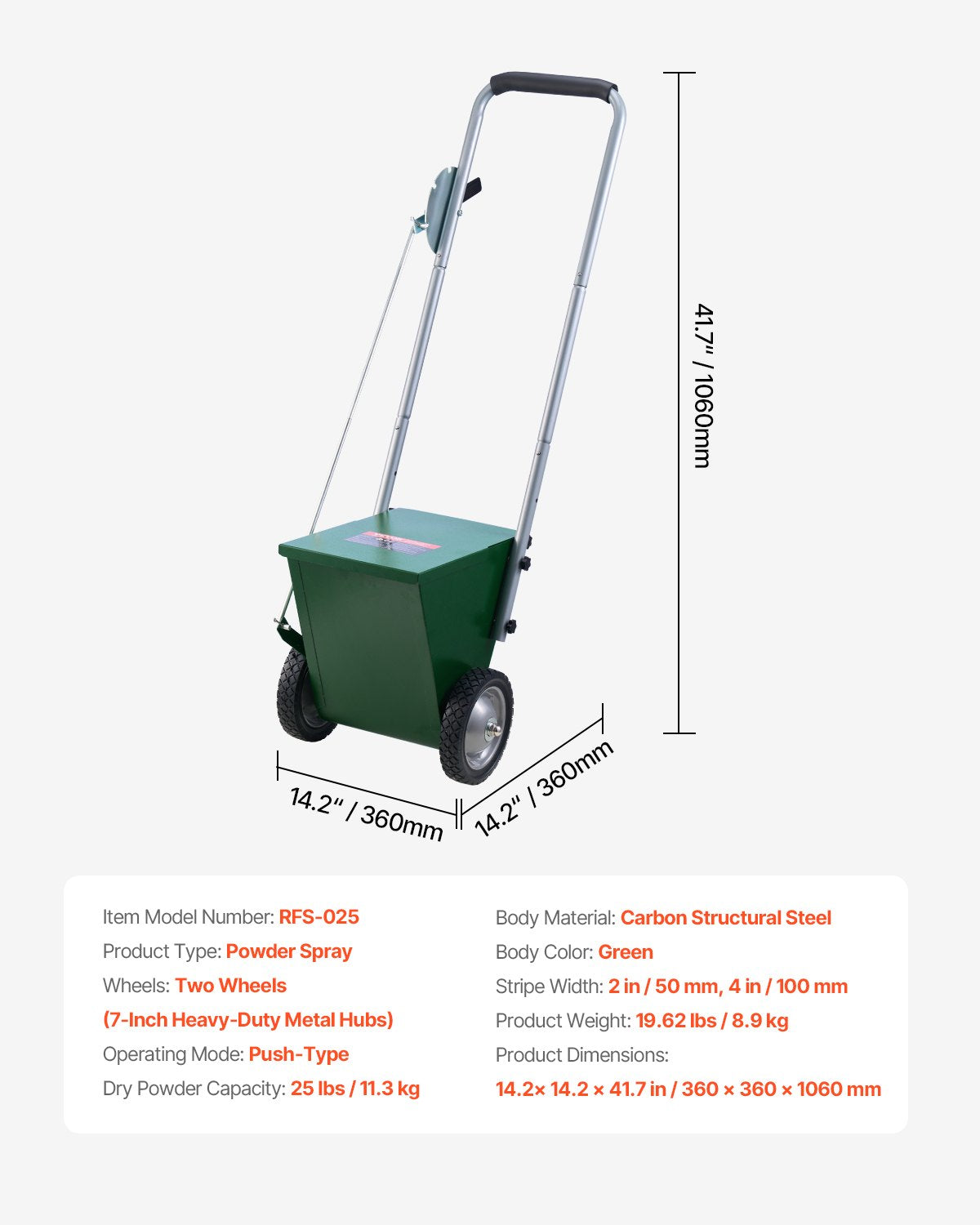 Dry Line Marker, 2-Wheel, 2 or 4 in Lines, Field Dry Line Chalker, Adjustable Line Marker, with Rubber Adjustment Handle, 25 lbs Large Powder Capacity, for Baseball and Softball Infield, Green