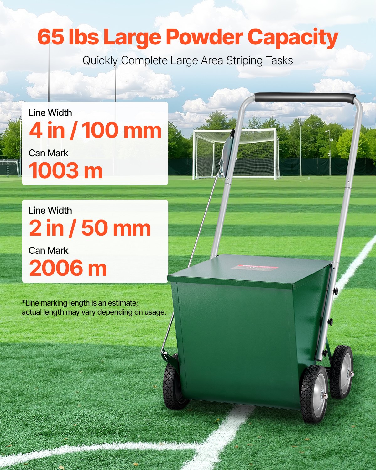 Dry Line Marker, 4-Wheel, 2 or 4 in Lines, Field Dry Line Chalker, Adjustable Line Marker, with Rubber Adjustment Handle, 65 lbs Large Powder Capacity, for Baseball and Softball Infield, Green