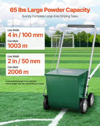 Dry Line Marker, 4-Wheel, 2 or 4 in Lines, Field Dry Line Chalker, Adjustable Line Marker, with Rubber Adjustment Handle, 65 lbs Large Powder Capacity, for Baseball and Softball Infield, Green