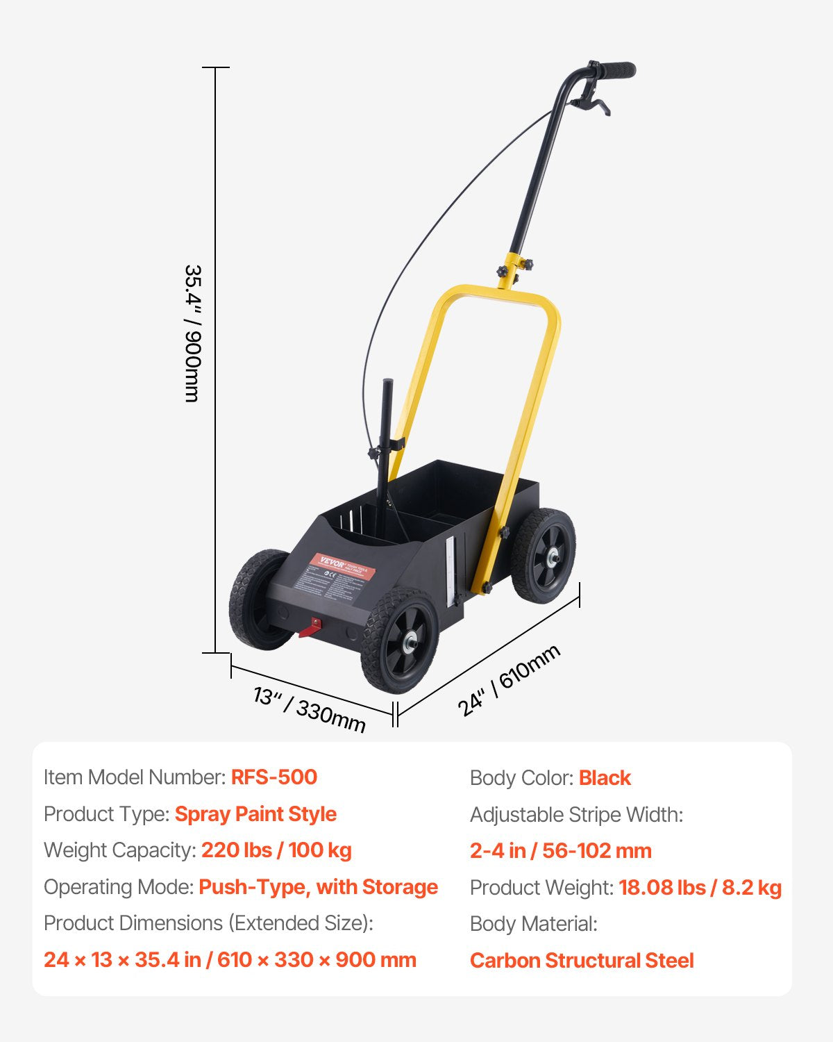 Striping Line Marking Machine, 24 x 13 x 35.4 in, 4-Wheel, Heavy Duty Striping Line Marking Machine, Striping Line Machine with Adjustable Width, for Roads, Parking Lots, Sports Field, Black