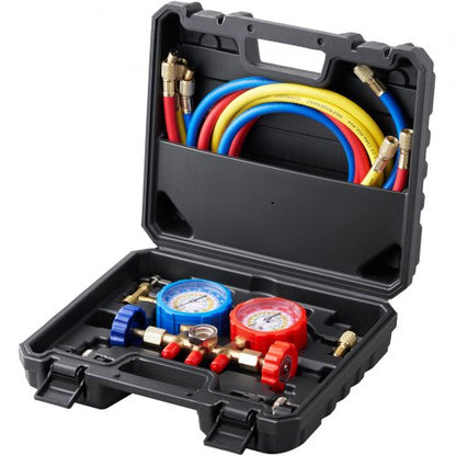 3-Way AC Diagnostic Manifold Gauge Set Fits for R134A, R22, R12, R502 Refrigerant, AC Gauge Set with 152 cm Hoses, Couplers, Can Tap for Car A/C System Automotive Air Conditioning Maintenance
