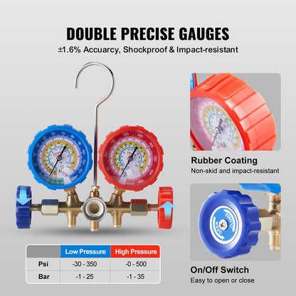 3-Way AC Diagnostic Manifold Gauge Set Fits for R134A, R22, R12, R502 Refrigerant, AC Gauge Set with 152 cm Hoses, Couplers, Can Tap for Car A/C System Automotive Air Conditioning Maintenance