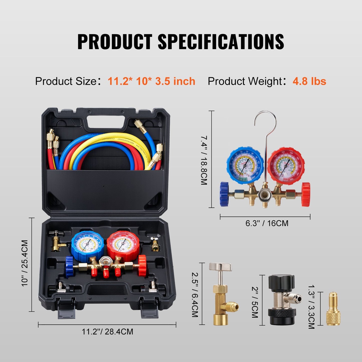 3-Way AC Diagnostic Manifold Gauge Set Fits for R134A, R22, R12, R502 Refrigerant, AC Gauge Set with 152 cm Hoses, Couplers, Can Tap for Car A/C System Automotive Air Conditioning Maintenance