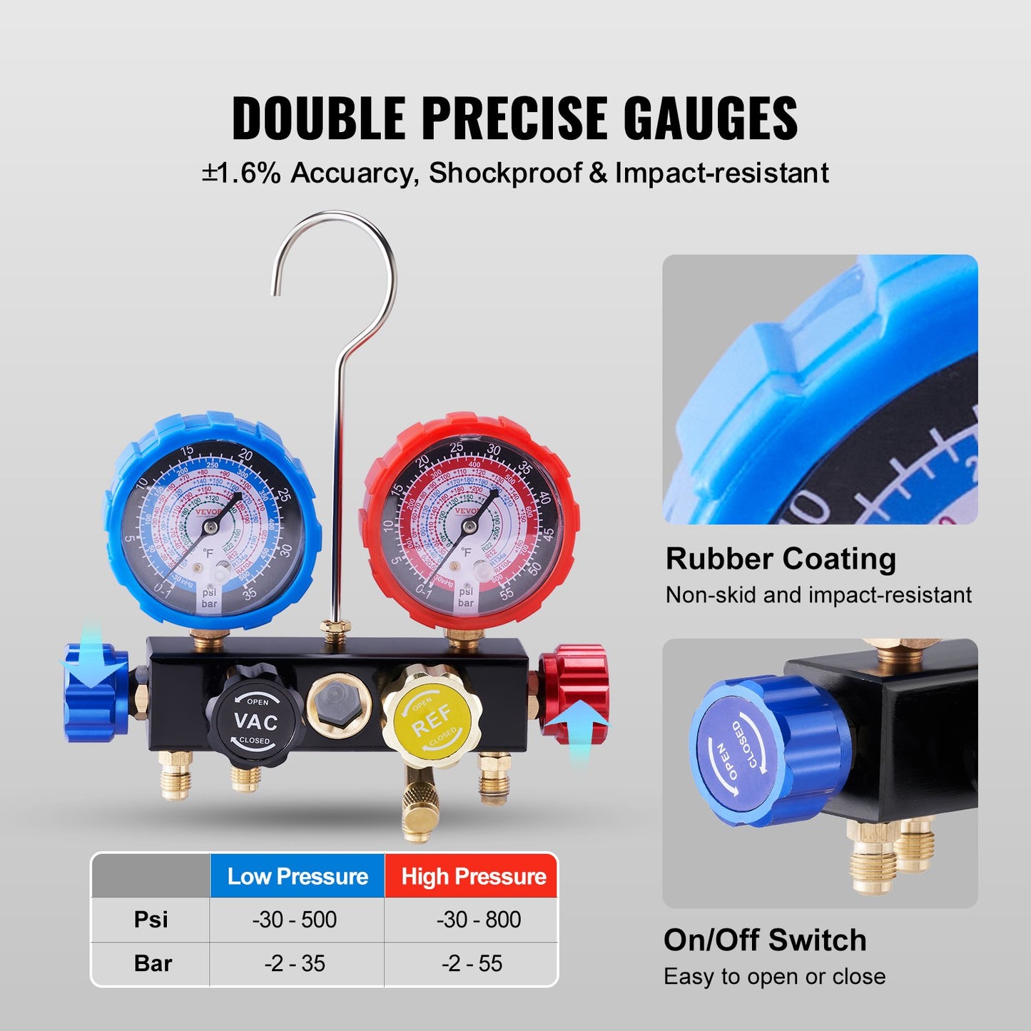 4 Way AC Gauge - AC Manifold Gauge Set for R134A R22 R12 R410A Refrigerant, Freon Gauges with 152.4 cm Hoses, Couplers, Can Tap Works on Car Auto Freon Charging and Evacuation