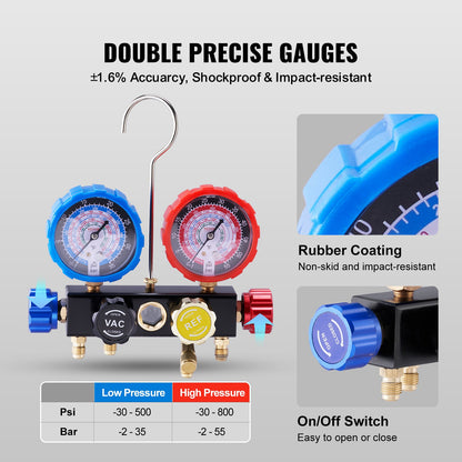 4 Way AC Gauge - AC Manifold Gauge Set for R134A R22 R12 R410A Refrigerant, Freon Gauges with 152.4 cm Hoses, Couplers, Can Tap Works on Car Auto Freon Charging and Evacuation