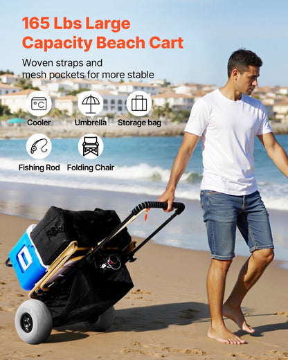 Beach Dolly with Big Wheels for Sand, 20.1" x 14.6" Cargo Deck, w/ 9" Balloon Wheels, 165LBS Loading Capacity Folding Sand Cart & 27.2" to 44.9" Adjustable Height, Heavy Duty Cart for Beach