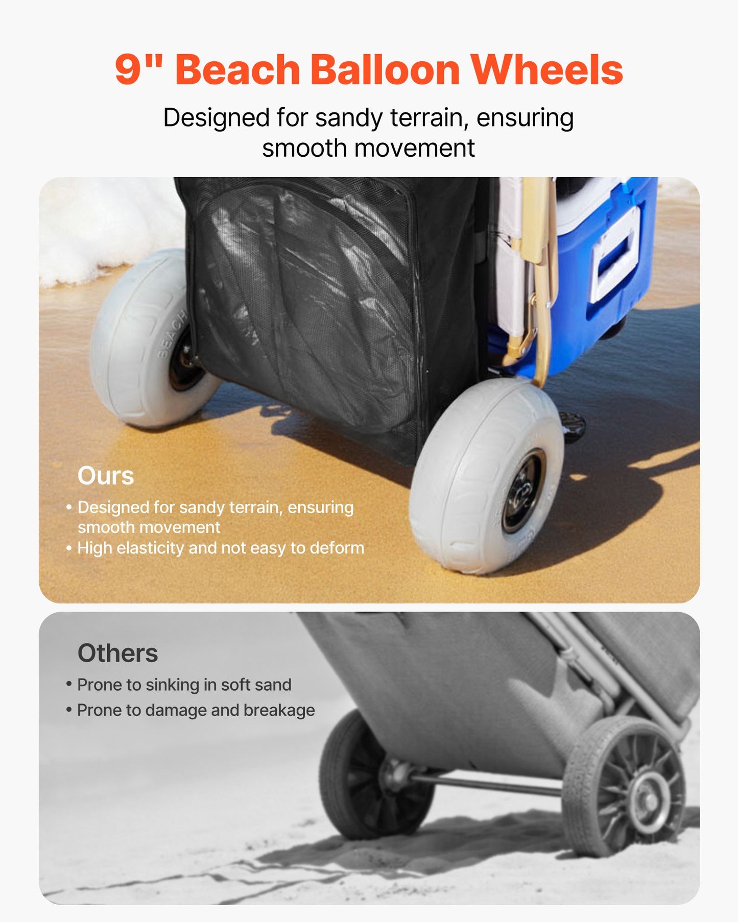 Beach Dolly with Big Wheels for Sand, 20.1" x 14.6" Cargo Deck, w/ 9" Balloon Wheels, 165LBS Loading Capacity Folding Sand Cart & 27.2" to 44.9" Adjustable Height, Heavy Duty Cart for Beach