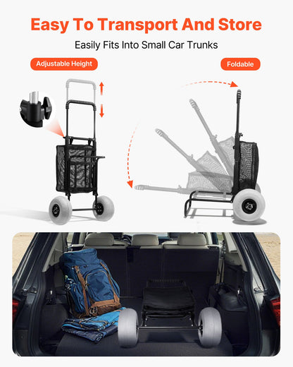 Beach Dolly with Big Wheels for Sand, 20.1" x 14.6" Cargo Deck, w/ 9" Balloon Wheels, 165LBS Loading Capacity Folding Sand Cart & 27.2" to 44.9" Adjustable Height, Heavy Duty Cart for Beach