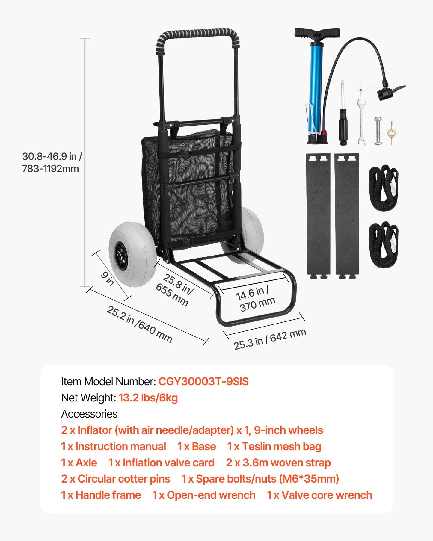 Beach Dolly with Big Wheels for Sand, 20.1" x 14.6" Cargo Deck, w/ 9" Balloon Wheels, 165LBS Loading Capacity Folding Sand Cart & 27.2" to 44.9" Adjustable Height, Heavy Duty Cart for Beach