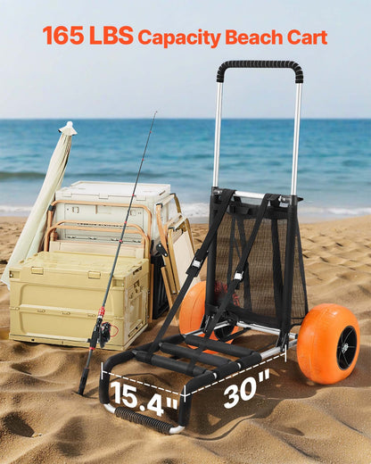 Strandvagn med stora hjul för sand, lastdäck 74 x 38 cm, med 30 cm solida hjul, hopfällbar sandvagn med lastkapacitet på 74 kg och justerbar höjd på 63 till 112 cm, kraftig strandvagn