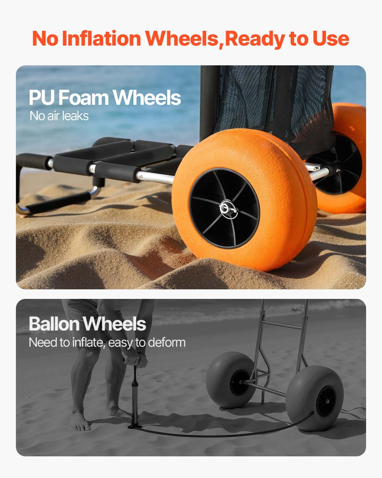 Strandvagn med stora hjul för sand, lastdäck 74 x 38 cm, med 30 cm solida hjul, hopfällbar sandvagn med lastkapacitet på 74 kg och justerbar höjd på 63 till 112 cm, kraftig strandvagn