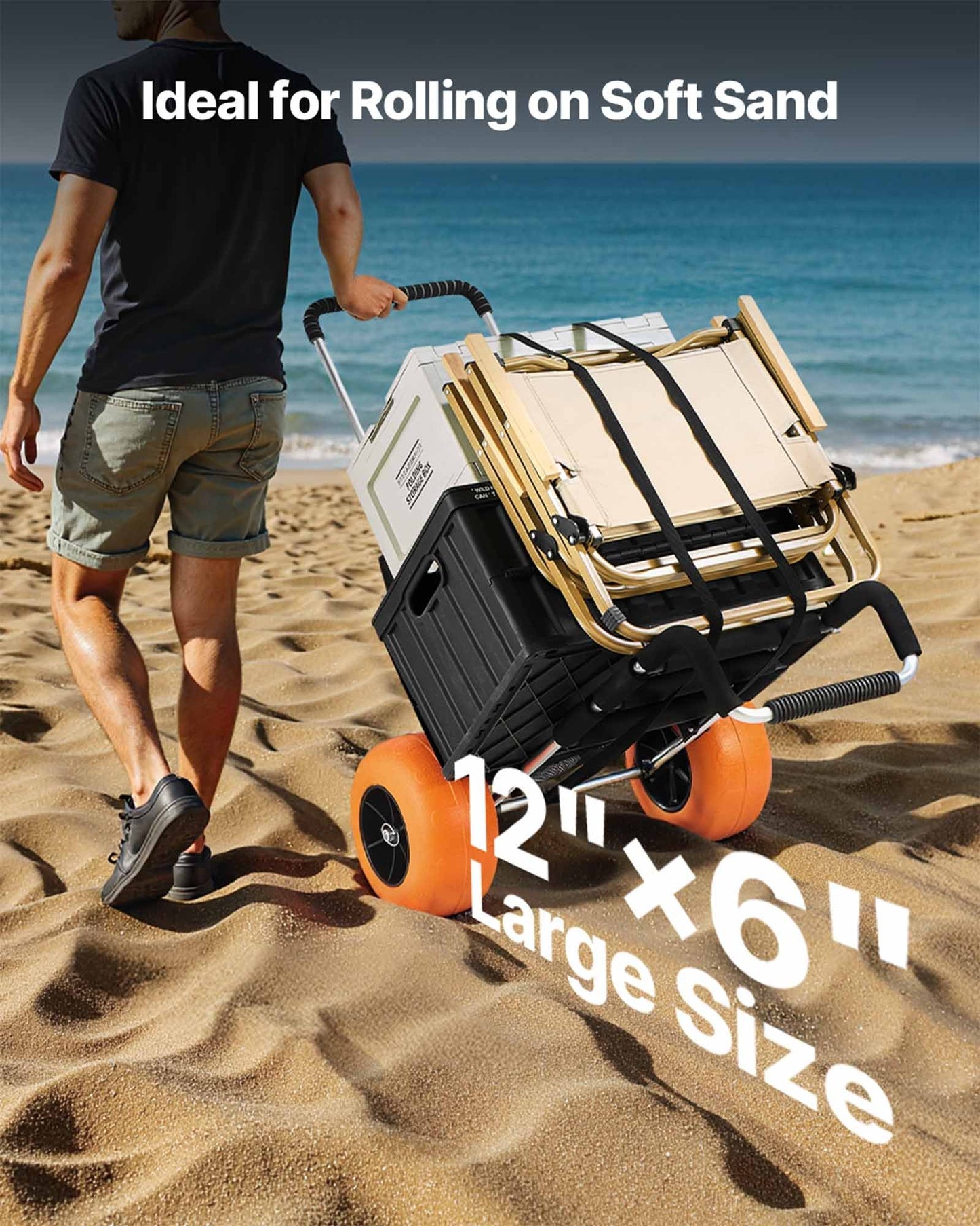 Strandvagn med stora hjul för sand, lastdäck 74 x 38 cm, med 30 cm solida hjul, hopfällbar sandvagn med lastkapacitet på 74 kg och justerbar höjd på 63 till 112 cm, kraftig strandvagn