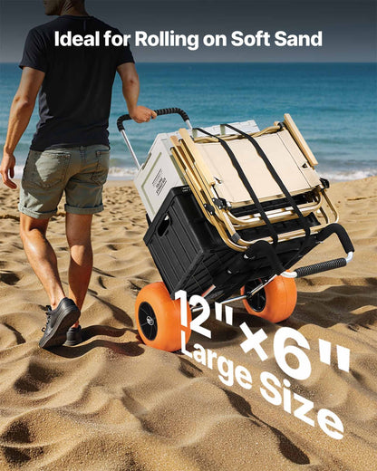Strandvagn med stora hjul för sand, lastdäck 74 x 38 cm, med 30 cm solida hjul, hopfällbar sandvagn med lastkapacitet på 74 kg och justerbar höjd på 63 till 112 cm, kraftig strandvagn