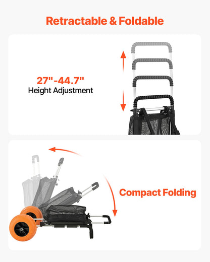 Strandvagn med stora hjul för sand, lastdäck 74 x 38 cm, med 30 cm solida hjul, hopfällbar sandvagn med lastkapacitet på 74 kg och justerbar höjd på 63 till 112 cm, kraftig strandvagn