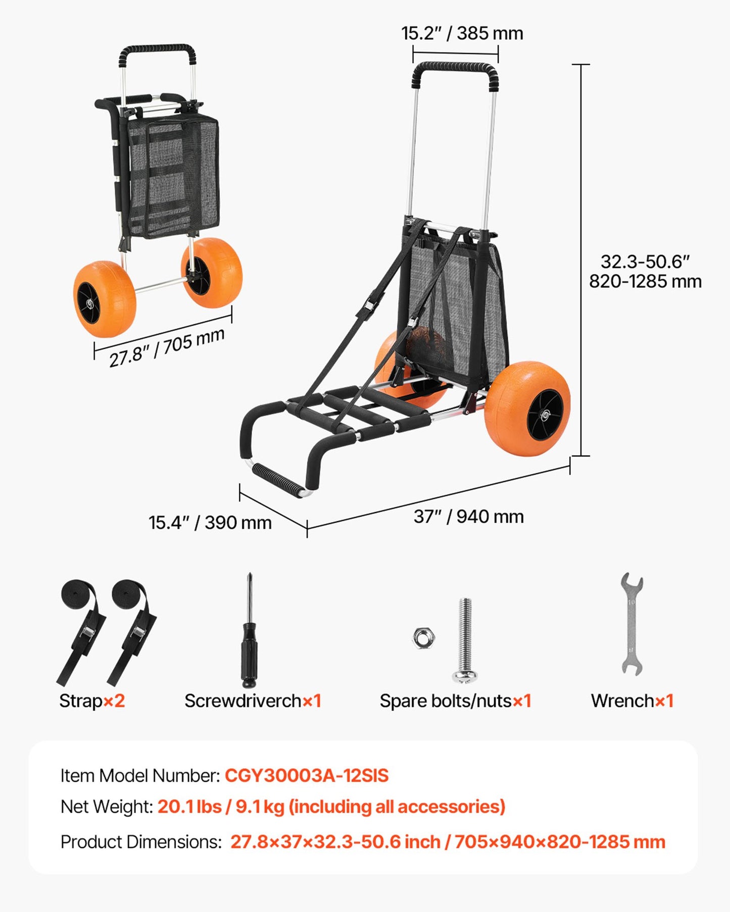 Strandvagn med stora hjul för sand, lastdäck 74 x 38 cm, med 30 cm solida hjul, hopfällbar sandvagn med lastkapacitet på 74 kg och justerbar höjd på 63 till 112 cm, kraftig strandvagn