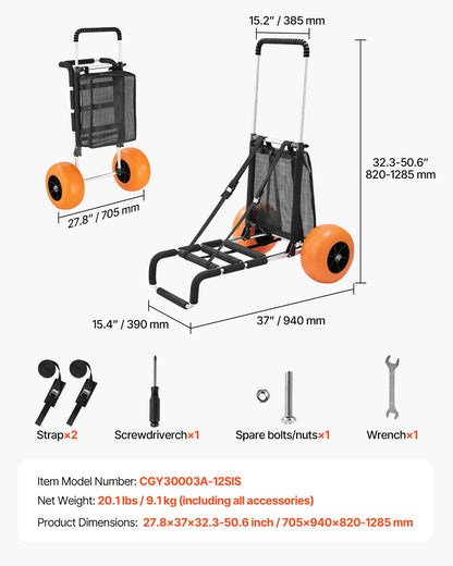 Strandvagn med stora hjul för sand, lastdäck 74 x 38 cm, med 30 cm solida hjul, hopfällbar sandvagn med lastkapacitet på 74 kg och justerbar höjd på 63 till 112 cm, kraftig strandvagn