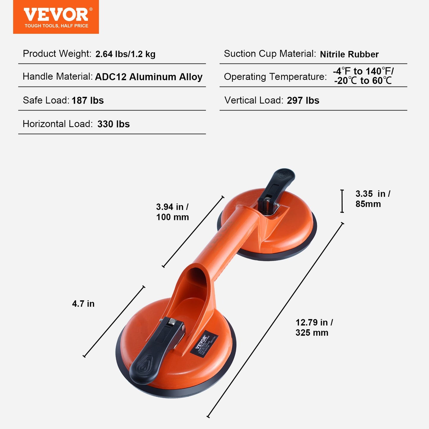 Glass Suction Cup, 11.9 cm 2 Pack 149.7 kg Load Capacity, Vacuum Suction Cup with Aluminum Handle, Heavy Duty Industrial Suction Cup Lifter Tool for Glass, Granite, Tile, Metal, Wood Panel Lifting