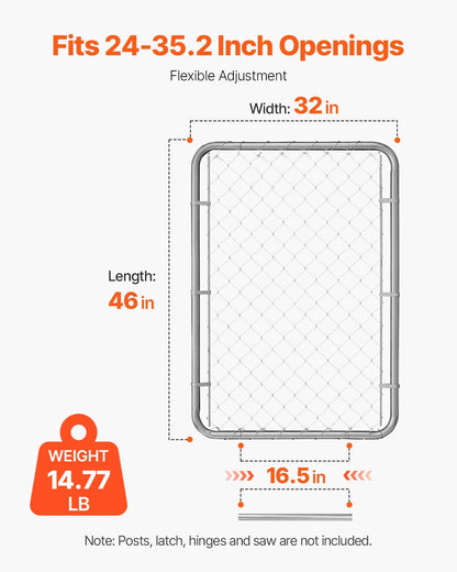 Kedjelänkstaketgrind, 32 x 46 tum, justerbar kedjelänkstaketpanel, passar 2-6 fot (B) x 4 fot (H) trädgårdsgrindöppning, rostbeständig galvaniserad staketgrind för gårdsstolpar ingår ej