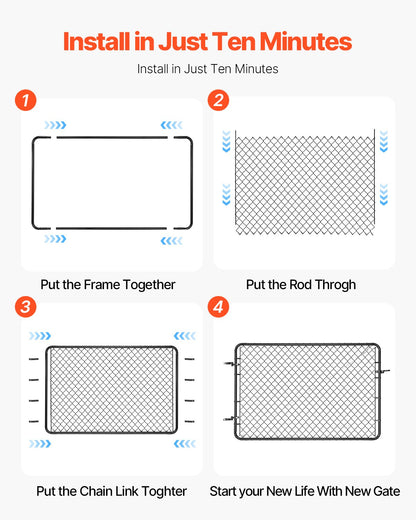 Kedjelänkstaket, 72 x 48 tum, justerbar kedjelänkstaketpanel, passar 2,2-6 fot (B) x 6 fot (H) trädgårdsgrindöppning, staketgrind med plastbeläggning, för Farm Black, stolpar ingår ej