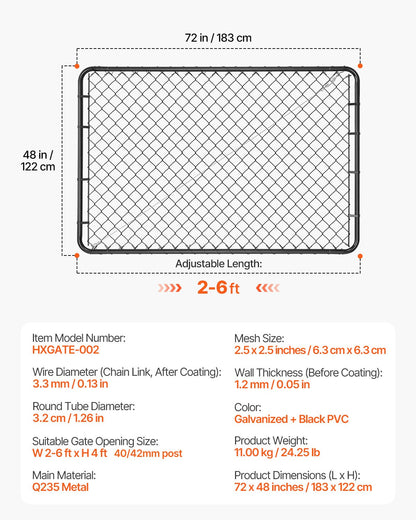 Kedjelänkstaket, 72 x 48 tum, justerbar kedjelänkstaketpanel, passar 2,2-6 fot (B) x 6 fot (H) trädgårdsgrindöppning, staketgrind med plastbeläggning, för Farm Black, stolpar ingår ej