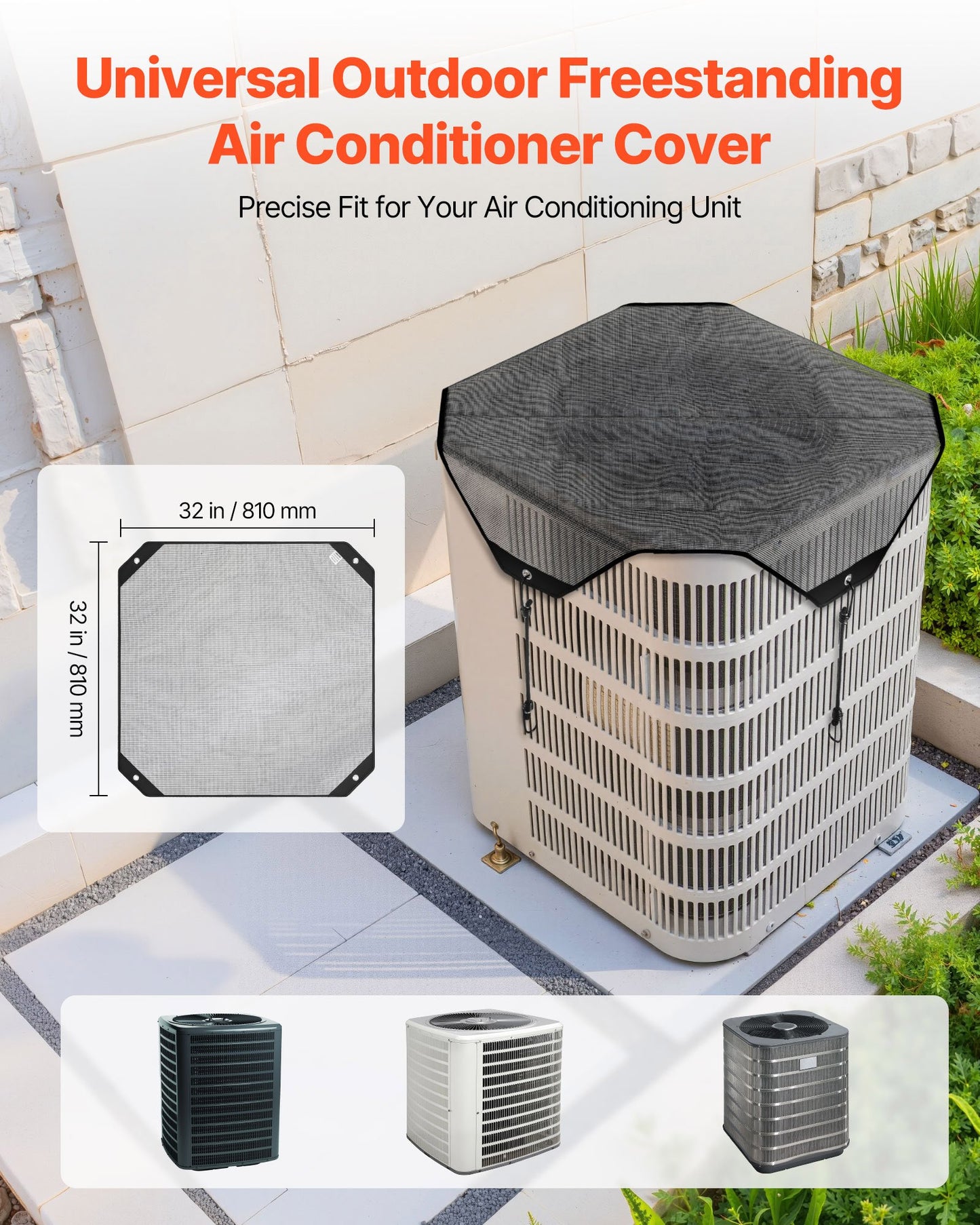 Air Conditioner Cover for Outside Units, 810 x 810 mm Central AC Cover for Air Conditioning Unit, Top Universal Mesh Defender Tear-Resistant Easy Install for Outdoor Outside All Seasons, Black