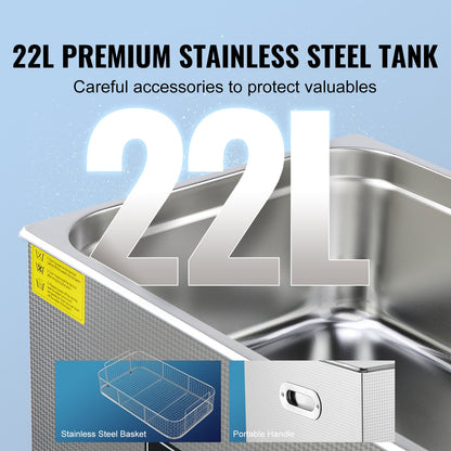 Ultrasonic Cleaner with Digital Timer & Heater, Professional Ultra Sonic Jewelry Cleaner, Stainless Steel Heated Cleaning Machine for Glasses Watch Rings Small Parts Circuit Board (22L)