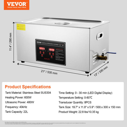 Ultrasonic Cleaner with Digital Timer & Heater, Professional Ultra Sonic Jewelry Cleaner, Stainless Steel Heated Cleaning Machine for Glasses Watch Rings Small Parts Circuit Board (22L)