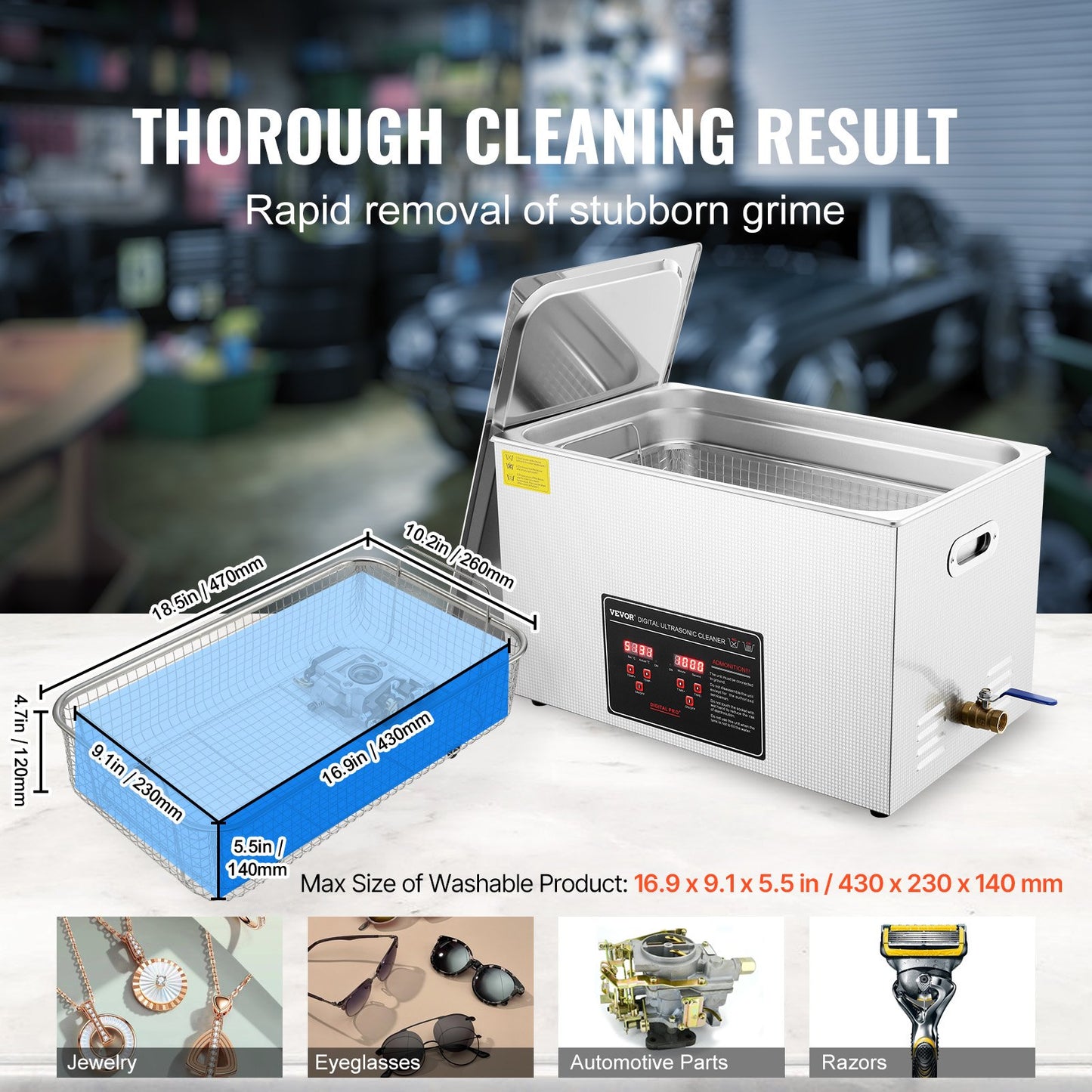 Ultraljudsrengöring med digital timer och värmare, professionell ultraljudsrengöring för smycken, uppvärmd rengöringsmaskin i rostfritt stål för glasögon, urringar, smådelar, kretskort (30L)