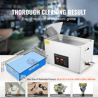 Ultraljudsrengöring med digital timer och värmare, professionell ultraljudsrengöring för smycken, uppvärmd rengöringsmaskin i rostfritt stål för glasögon, urringar, smådelar, kretskort (30L)