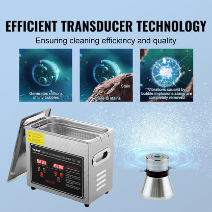 Ultrasonic Cleaner with Digital Timer & Heater, Professional Ultra Sonic Jewelry Cleaner, Stainless Steel Heated Cleaning Machine for Glasses Watch Rings Small Parts Circuit Board (3L)