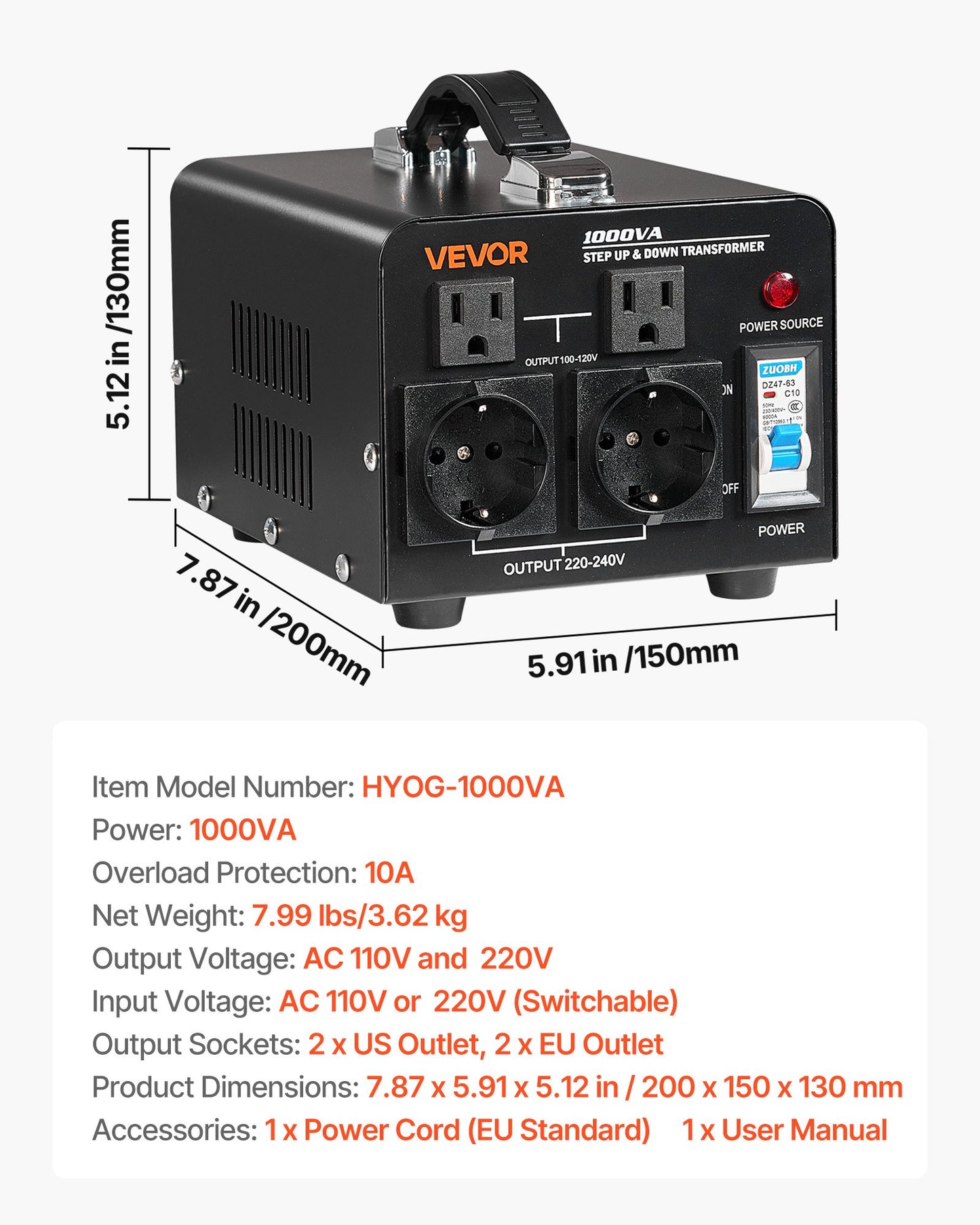 Spänningsomvandlare, 1000VA, Kraftig upp-/nedtransformator, Omvandlare från 110V till 220V och 220V till 110V, med amerikanska uttag, EU-uttag, nätsladd, kretsbrytarskydd