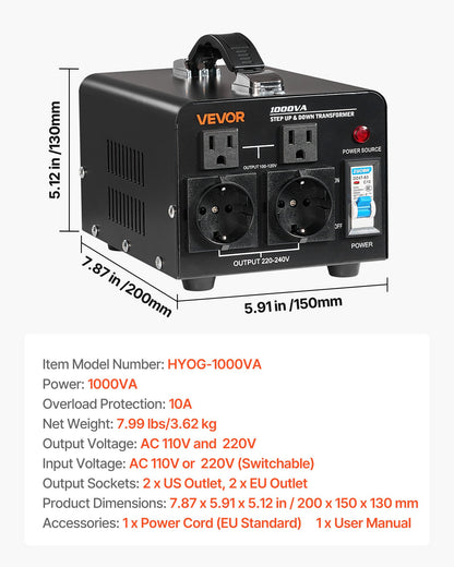 Spänningsomvandlare, 1000VA, Kraftig upp-/nedtransformator, Omvandlare från 110V till 220V och 220V till 110V, med amerikanska uttag, EU-uttag, nätsladd, kretsbrytarskydd