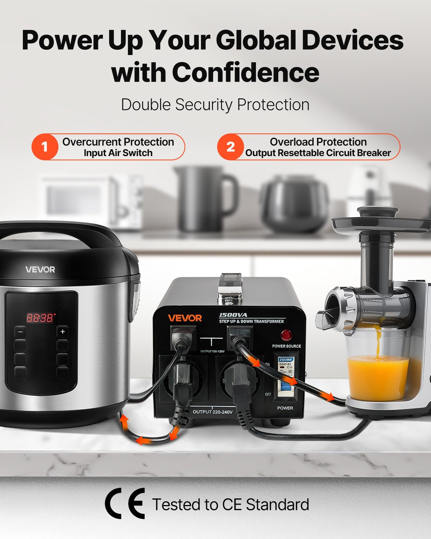 Spänningsomvandlare, 1500VA, Kraftig upp-/nedtransformator, Omvandlare från 110V till 220V och 220V till 110V, med amerikanska uttag, EU-uttag, nätsladd, kretsbrytarskydd