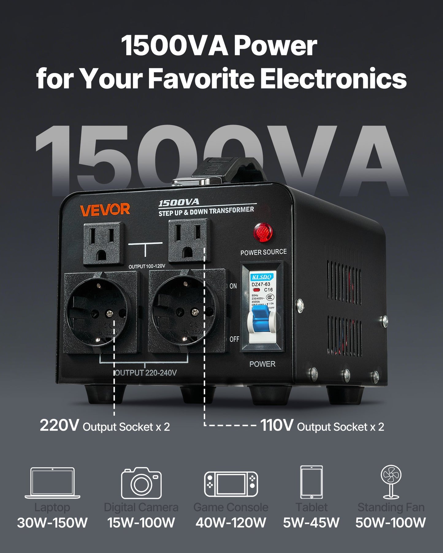 Spänningsomvandlare, 1500VA, Kraftig upp-/nedtransformator, Omvandlare från 110V till 220V och 220V till 110V, med amerikanska uttag, EU-uttag, nätsladd, kretsbrytarskydd