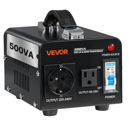 Spänningsomvandlare, 500VA, Kraftig upp-/nedtransformator, Omvandlare från 110V till 220V och 220V till 110V, med amerikanskt uttag, EU-uttag, nätsladd, kretsbrytarskydd