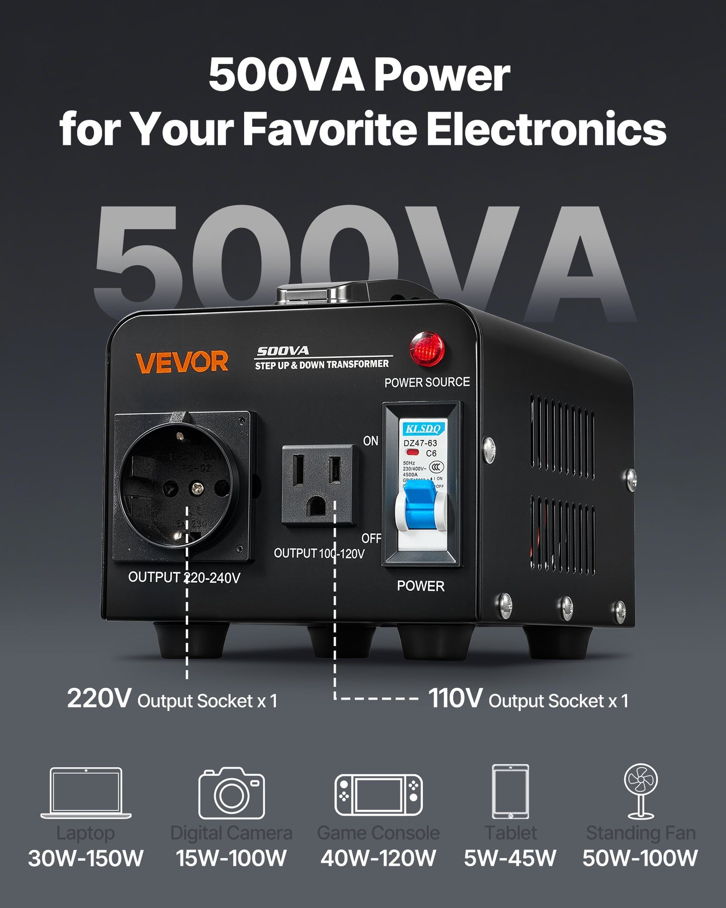 Spänningsomvandlare, 500VA, Kraftig upp-/nedtransformator, Omvandlare från 110V till 220V och 220V till 110V, med amerikanskt uttag, EU-uttag, nätsladd, kretsbrytarskydd