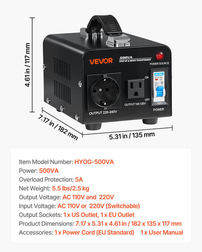 Spänningsomvandlare, 500VA, Kraftig upp-/nedtransformator, Omvandlare från 110V till 220V och 220V till 110V, med amerikanskt uttag, EU-uttag, nätsladd, kretsbrytarskydd